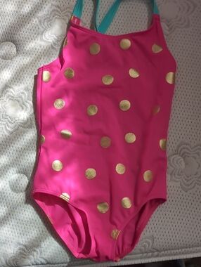 Boden Kids One-Piece Swimsuit in Hot Pink with Gold Polka Dots